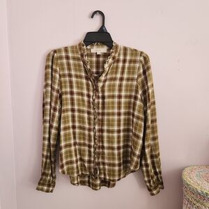 LOFT Olive and Cream Checkered Button Up Blouse